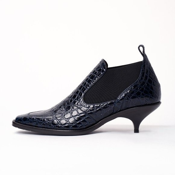 Sies Marjan navy croc embossed kitten heel square pointed toe pull on half boots - Picture 1 of 11